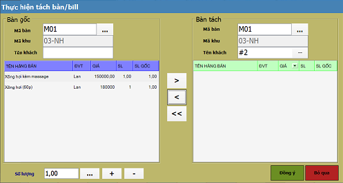 Tính năng chuyển phòng, tách bill, gộp bill